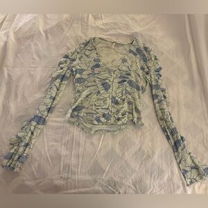 Free People Blue and Cream Floral Blouse